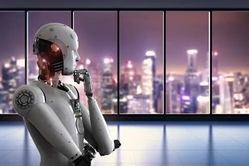 A robot thinking in office